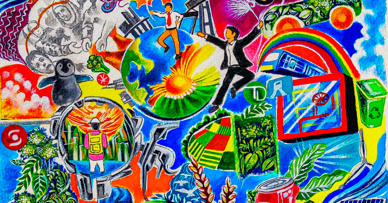 A vivid colourful oil pastel illustration. The art depicts many themes of climate finance. All the bank logos are in the drawing as well as illustrations of the natural world, workers, energy, bankers and waste. It's a very joyful and hopeful portrait of the world we want.