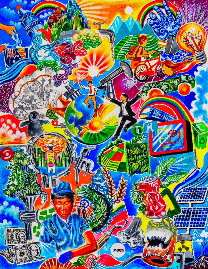 A vivid colourful oil pastel illustration. The art depicts many themes of climate finance. All the bank logos are in the drawing as well as illustrations of the natural world, workers, energy, bankers and waste. It's a very joyful and hopeful portrait of the world we want.